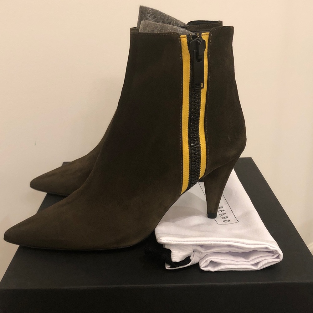 Veronica Beard Heeled Boots with Yellow Zipper

Roxie Suede 
Color Military